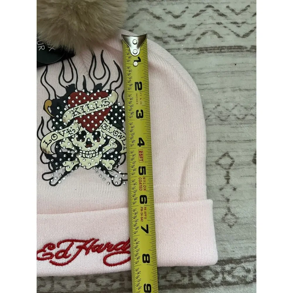 Women's Ed Hardy Pink One Size Winter Pom Pom Hat Rhinestones New With Tags